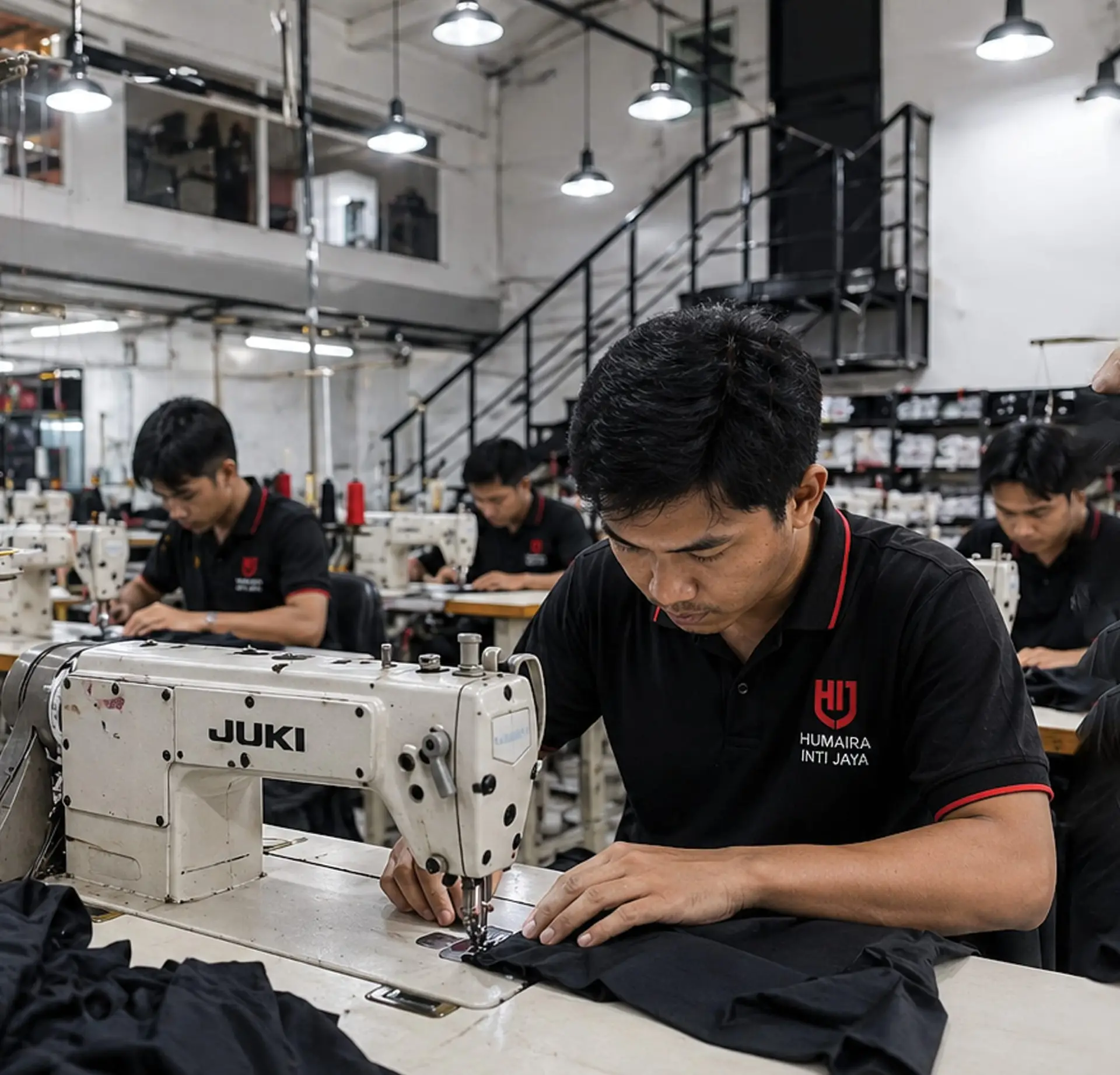 Tim penjahit HIJ bekerja di lini produksi workshop